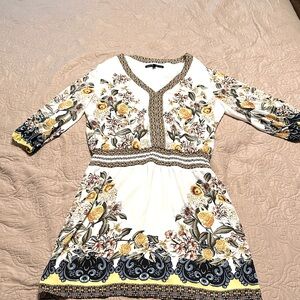 White House Black Market Floral Long Sleeve Dress - White and Yellow